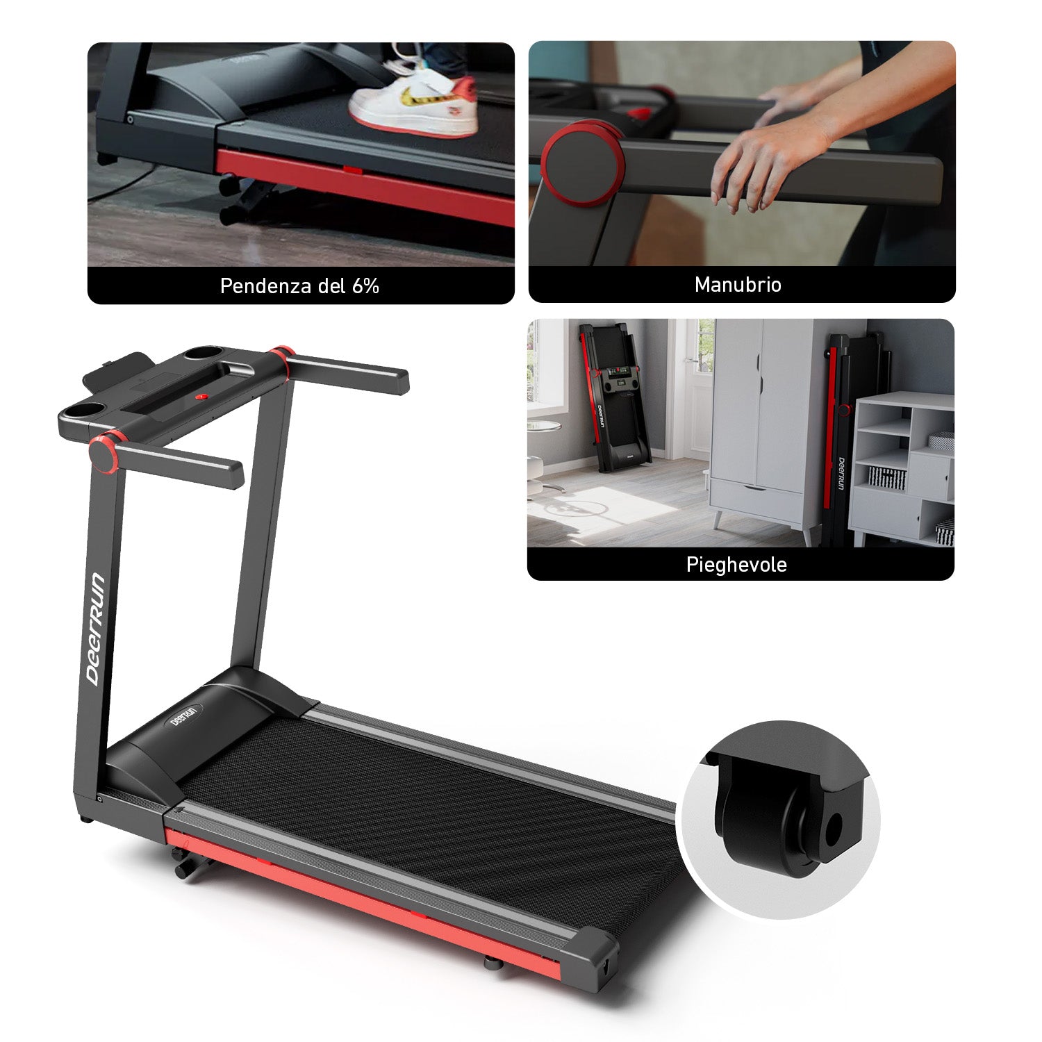 DeerRun A1 Pro Move+ – Tapis roulant pieghevole con inclinazione del 6% | Chip di aggiornamento 2025 e supporto NFC | Capacità di carico 158 kg, fino a 16 km/h