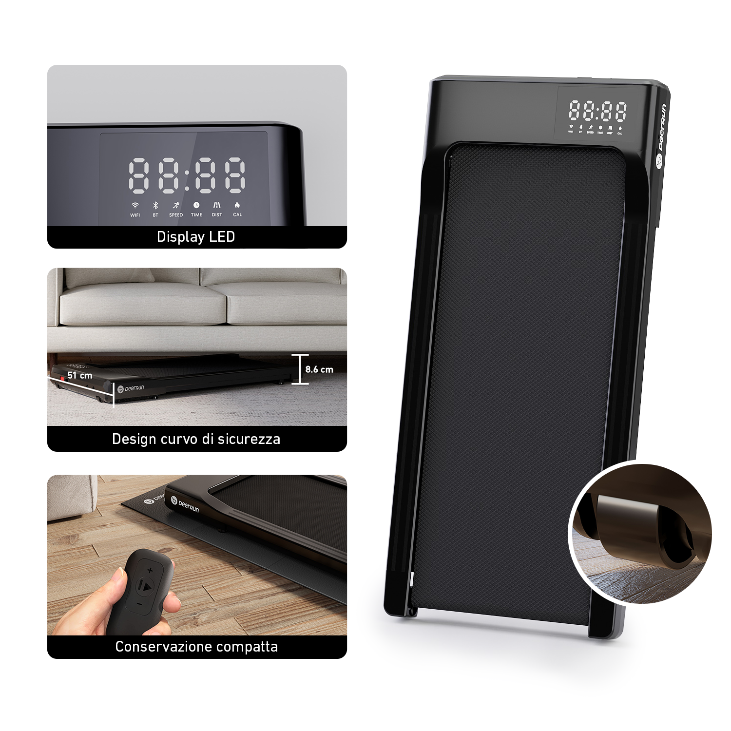 DeerRun Q1 Classic Plus – Smartes Walking-Tapis roulant con superficie di corsa più ampia, capacità di carico di 158 kg e telecomando