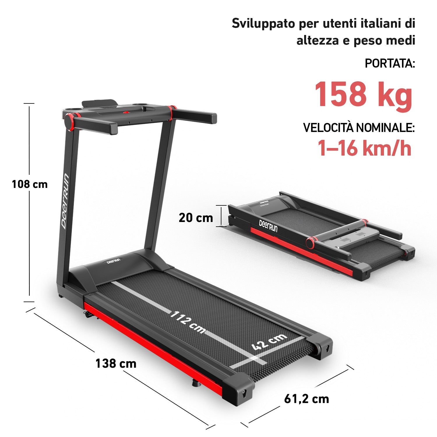 DeerRun A1 Pro Move+ – Tapis roulant pieghevole con inclinazione del 6% | Chip di aggiornamento 2025 e supporto NFC | Capacità di carico 158 kg, fino a 16 km/h