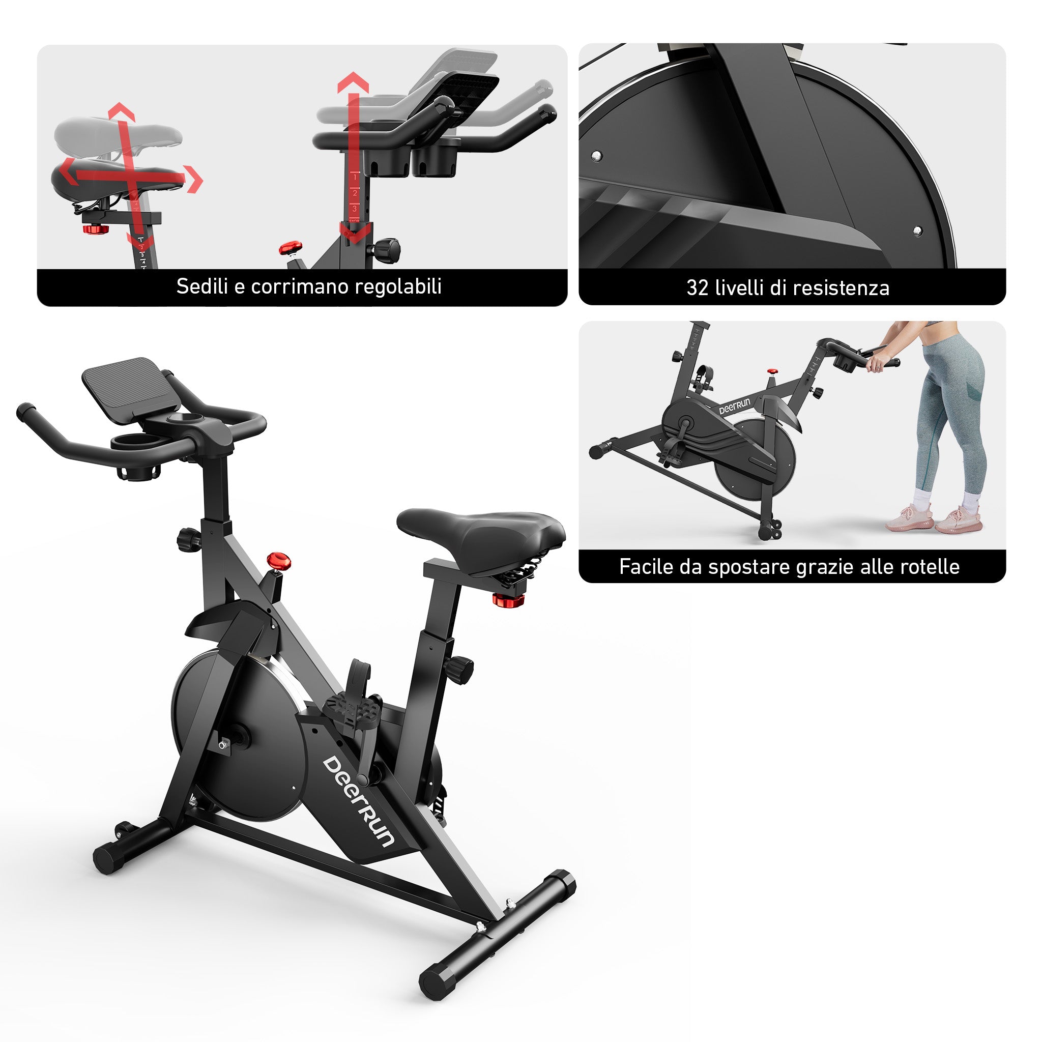 DeerRun S500 Smart bike da interno nera con resistenza magnetica regolabile, cintura silenziosa e app PitPat