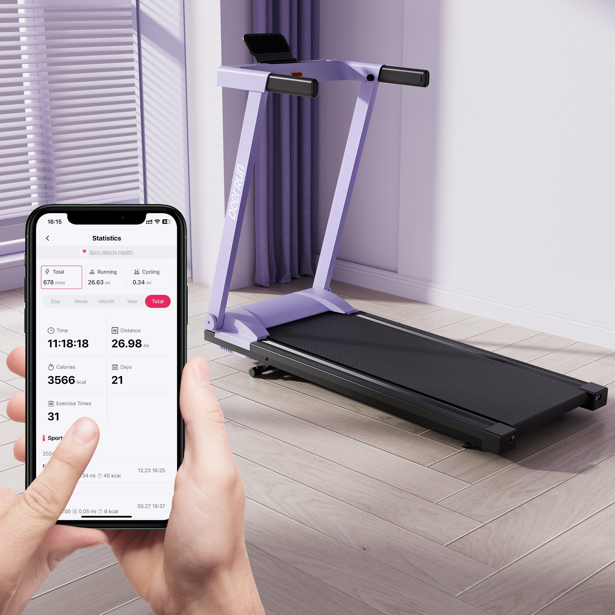 DeerRun A1 Urban-Tapis roulant pieghevole intelligente con pendenza del 6% e NFC | 150 kg, 16 km/h, Viola