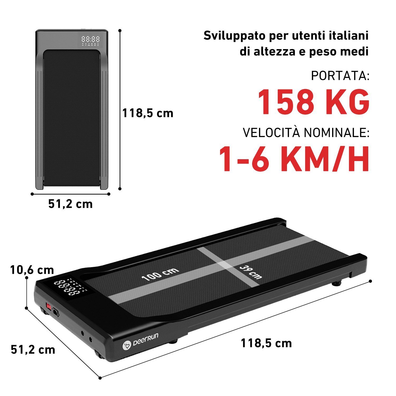DeerRun Q1 Classic Plus – Smartes Walking-Tapis roulant con superficie di corsa più ampia, capacità di carico di 158 kg e telecomando