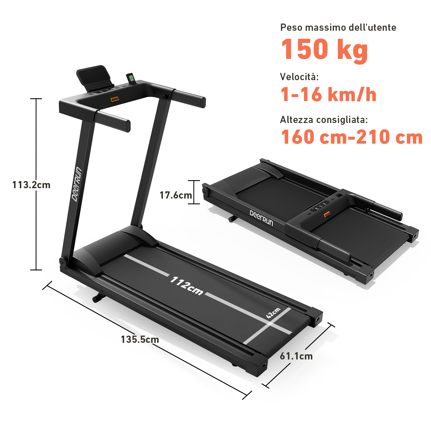 DeerRun A1 Urban-Tapis roulant pieghevole intelligente con pendenza del 6% e NFC | 150 kg, 16 km/h, Nero