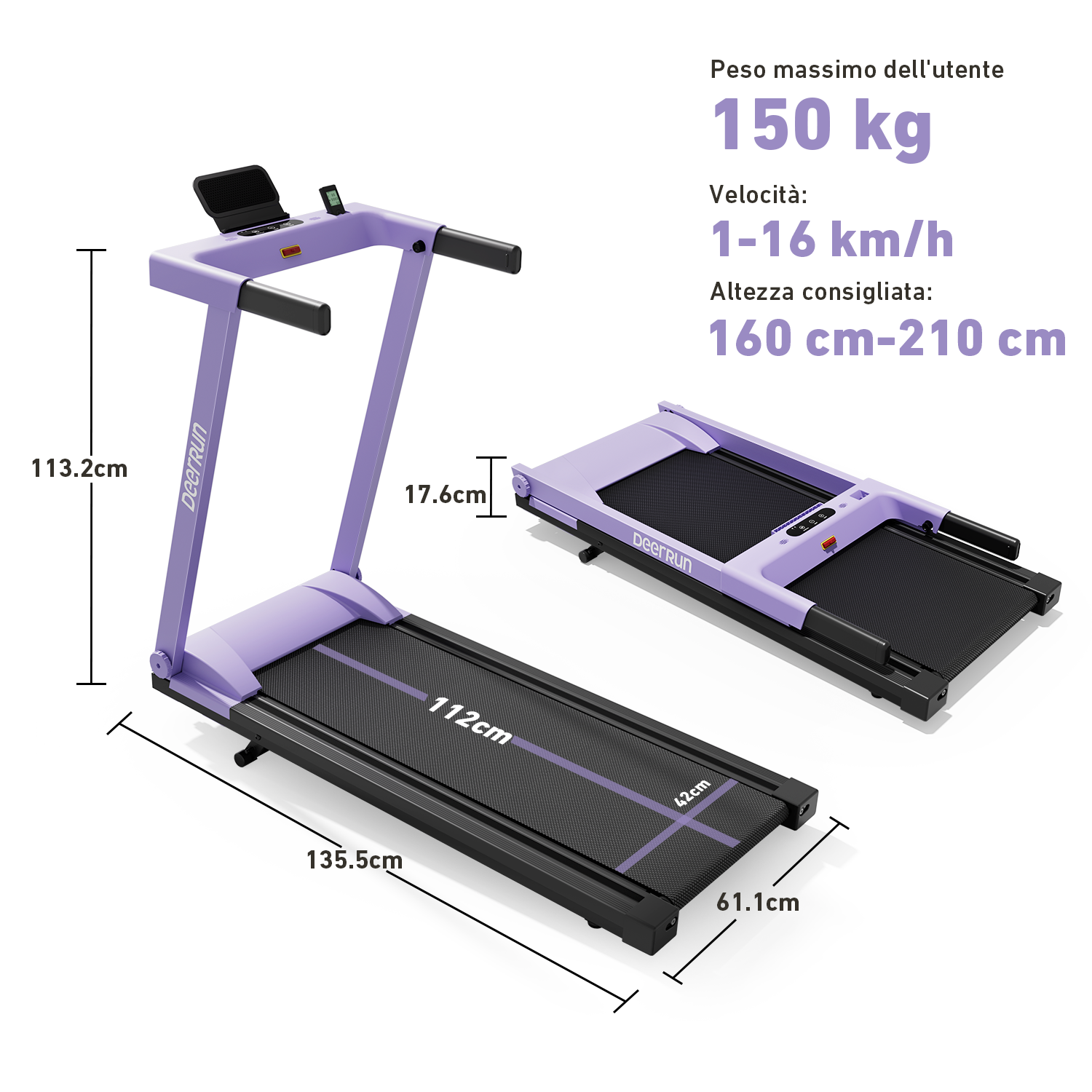 DeerRun A1 Urban-Tapis roulant pieghevole intelligente con pendenza del 6% e NFC | 150 kg, 16 km/h, Viola
