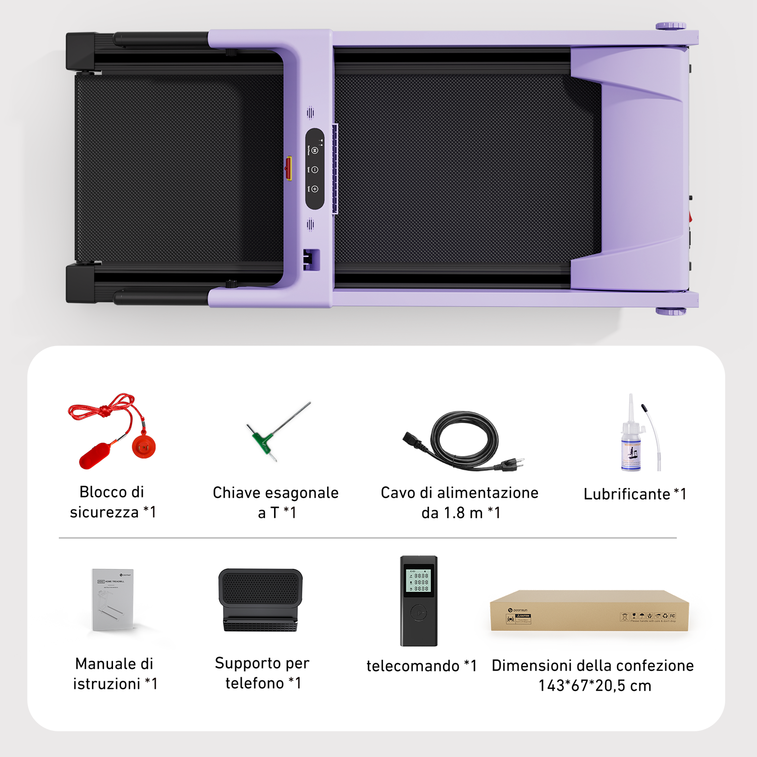 DeerRun A1 Urban-Tapis roulant pieghevole intelligente con pendenza del 6% e NFC | 150 kg, 16 km/h, Viola