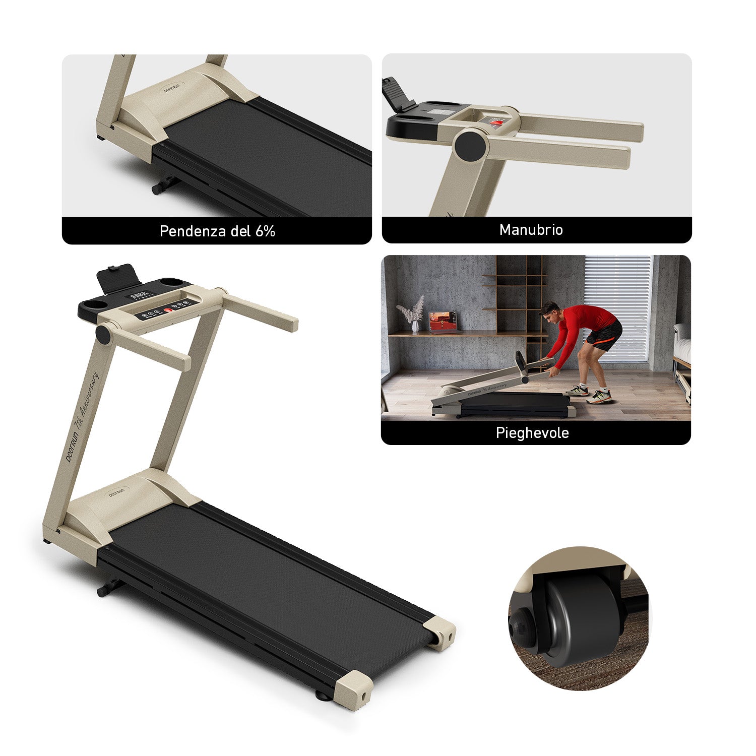 DeerRun A1 Pro Move+ – Tapis roulant pieghevole con inclinazione del 6% | Chip di aggiornamento 2025 e supporto NFC | Capacità di carico 158 kg, fino a 16 km/h